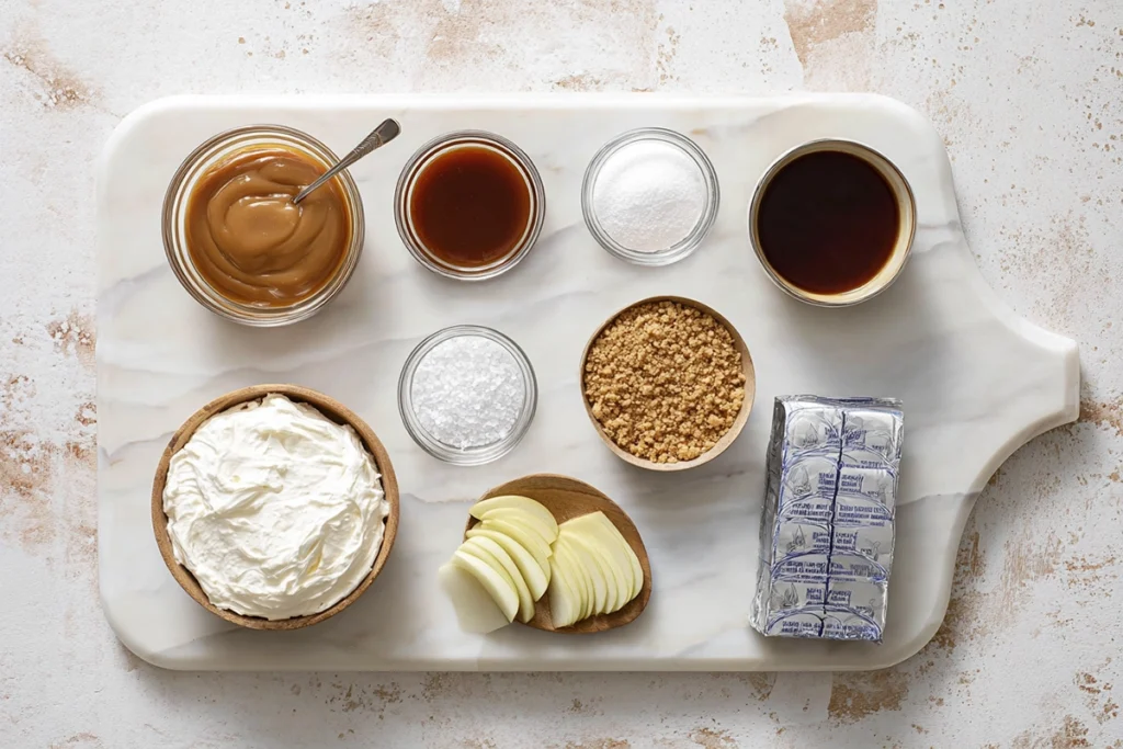 Overhead shot of caramel apple cheesecake dip ingredients arranged on a white countertop with wooden boards and glass bowls.