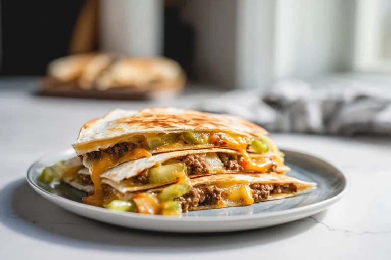 photorealistic cheeseburger quesadilla on plate with melted cheese and golden tortilla in modern kitchen