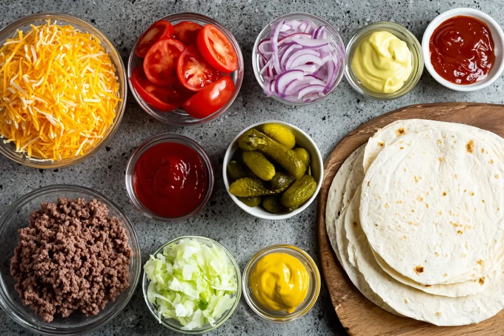 overhead view of cheeseburger quesadilla ingredients including tortillas, cheese, ground beef, pickles, and tomatoes