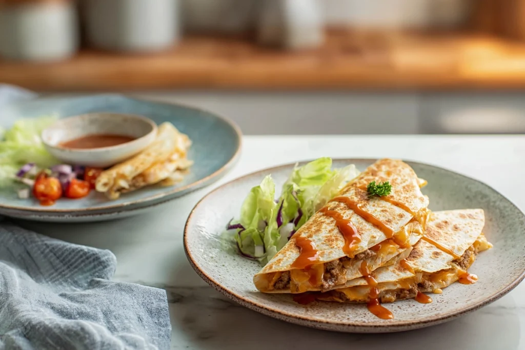 plated cheeseburger quesadilla with dipping sauce and garnish on modern kitchen counter