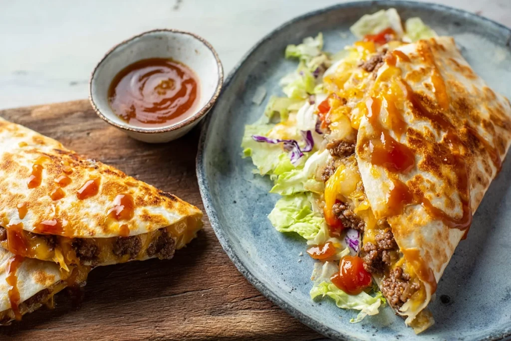 close-up of bacon cheeseburger quesadilla with melted cheese and dipping sauce in modern kitchen