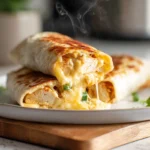 Cheesy Garlic Chicken Wraps served on a white plate with melted cheese and golden tortilla