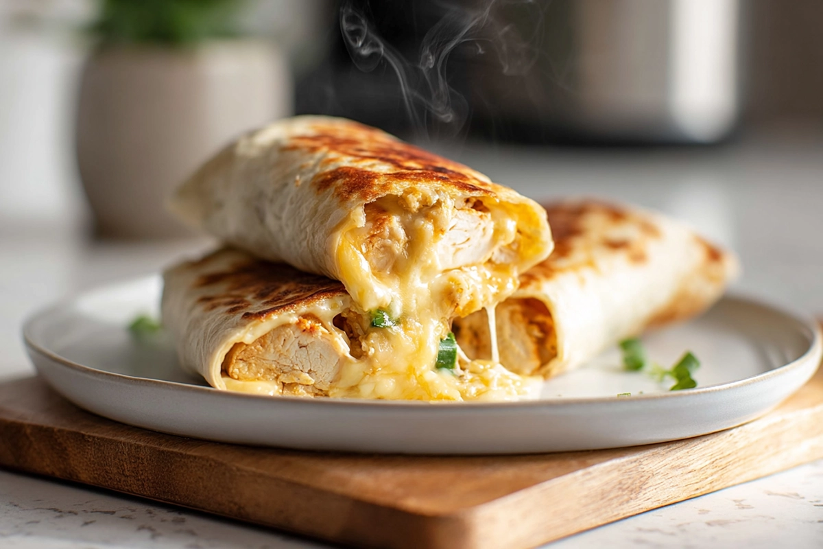 Cheesy Garlic Chicken Wraps served on a white plate with melted cheese and golden tortilla