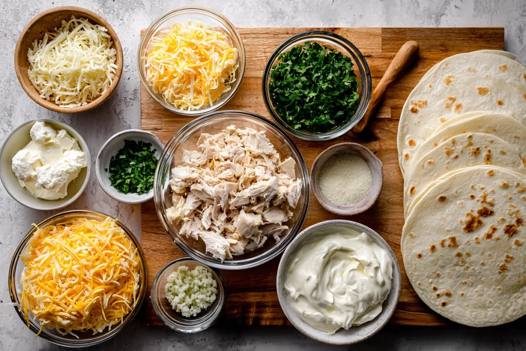 Overhead shot of Cheesy Garlic Chicken Wraps ingredients including chicken, cheese, and garlic