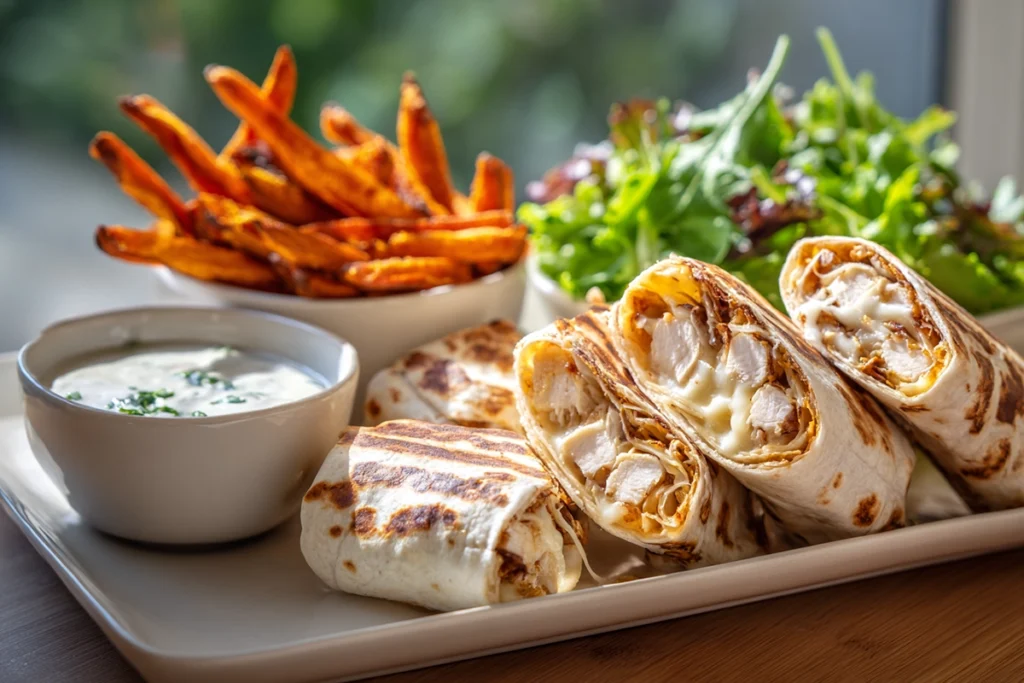 Cheesy Garlic Chicken Wraps served with ranch dip, fries, and salad on modern countertop
