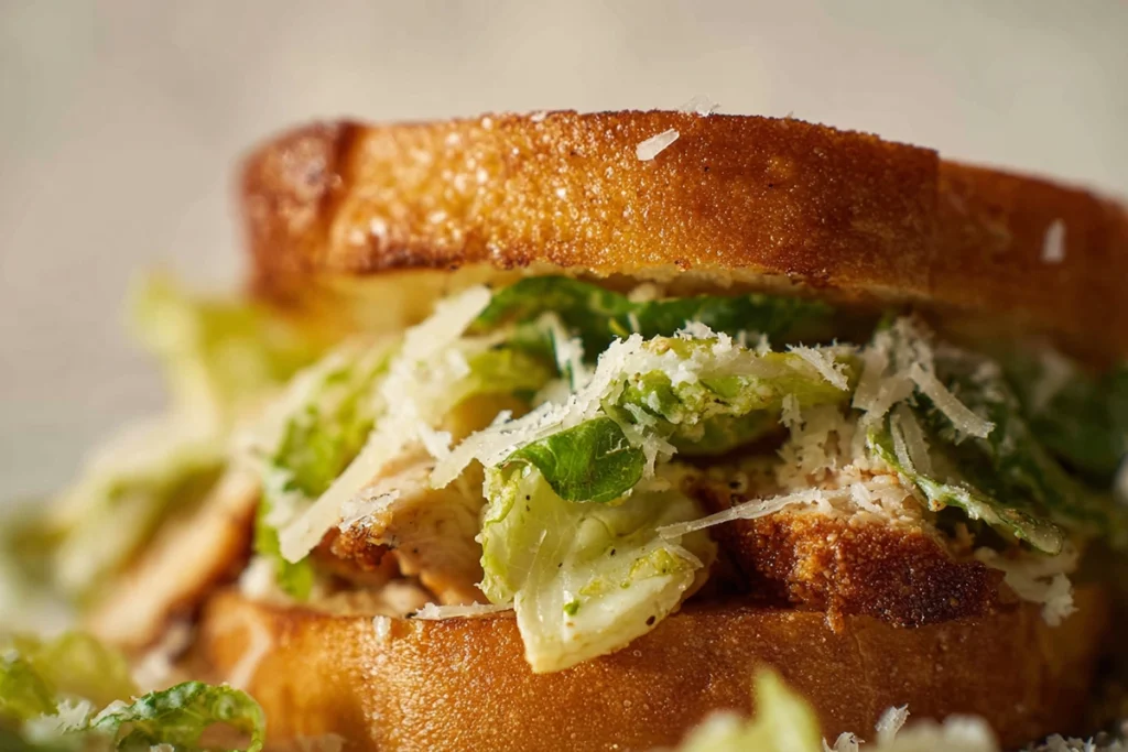 Close-up macro texture of Chicken Caesar Sandwich ingredients