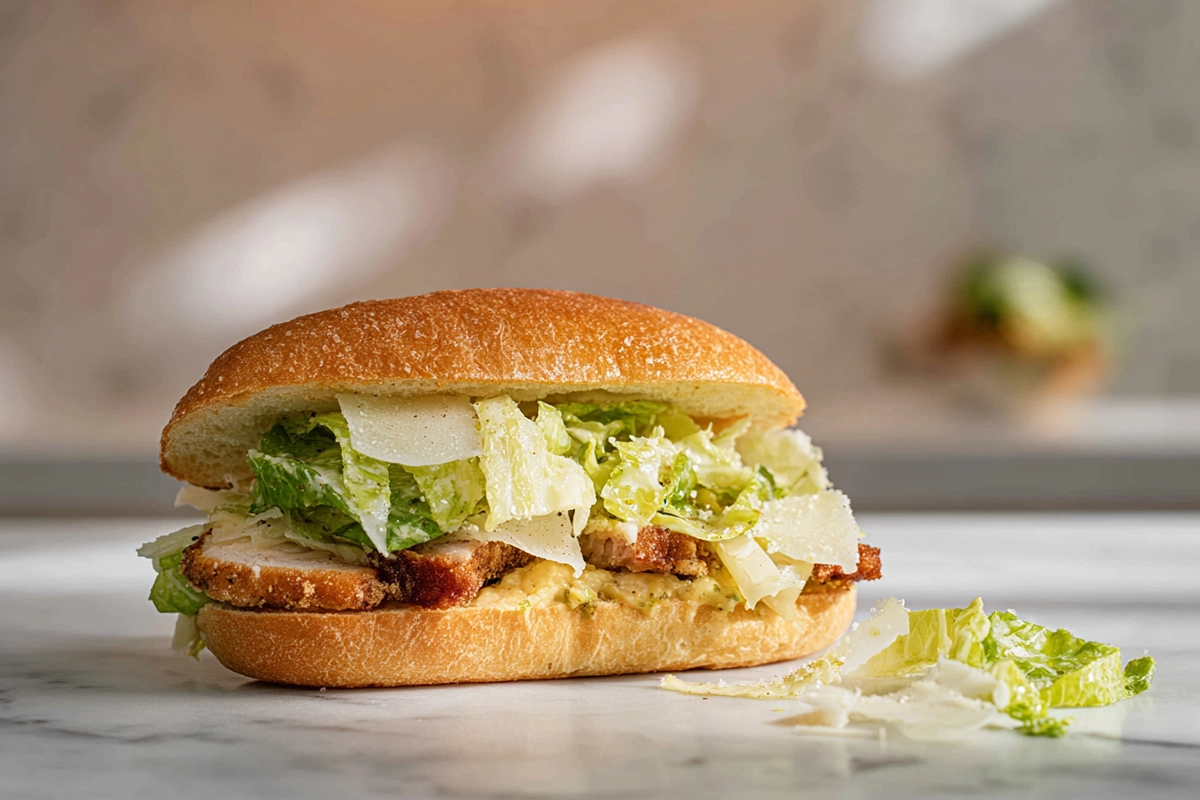 Chicken Caesar Sandwich plated on modern countertop in bright natural light