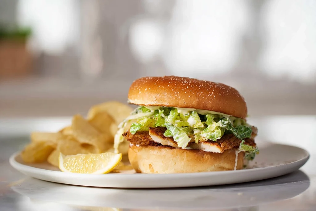 Chicken Caesar Sandwich served with chips on a modern plate