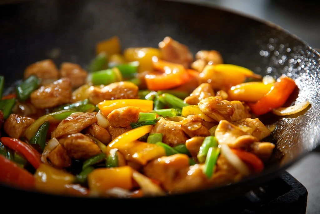 Chicken cooking in a pan for Chicken Ramen Stir Fry, turning golden and crispy