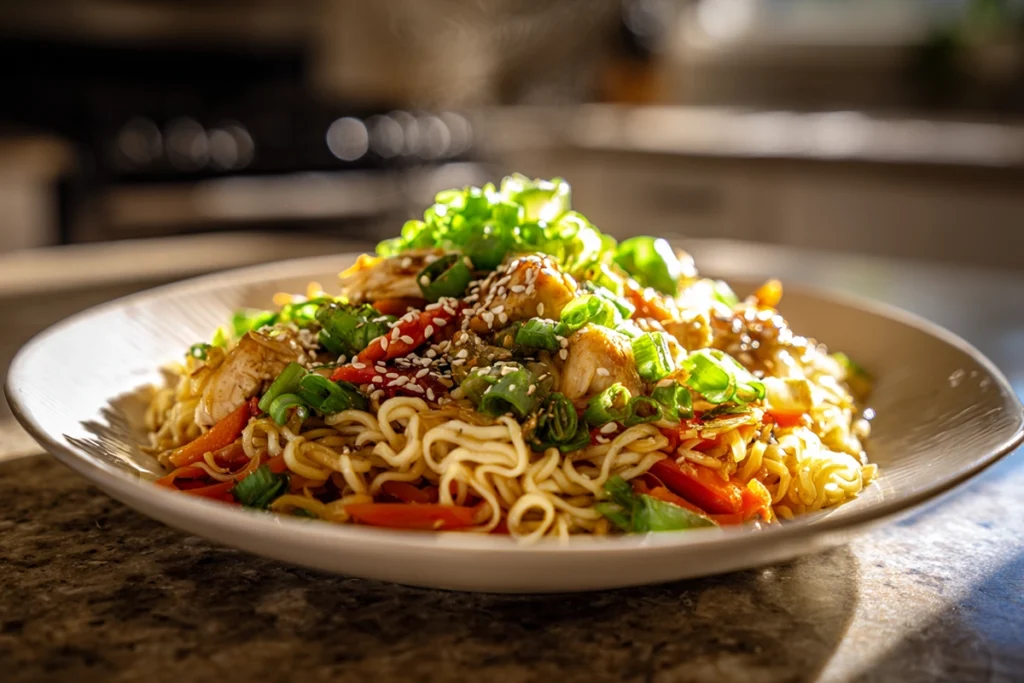Final stir-fry with chicken, ramen noodles, and vegetables for Chicken Ramen Stir Fry