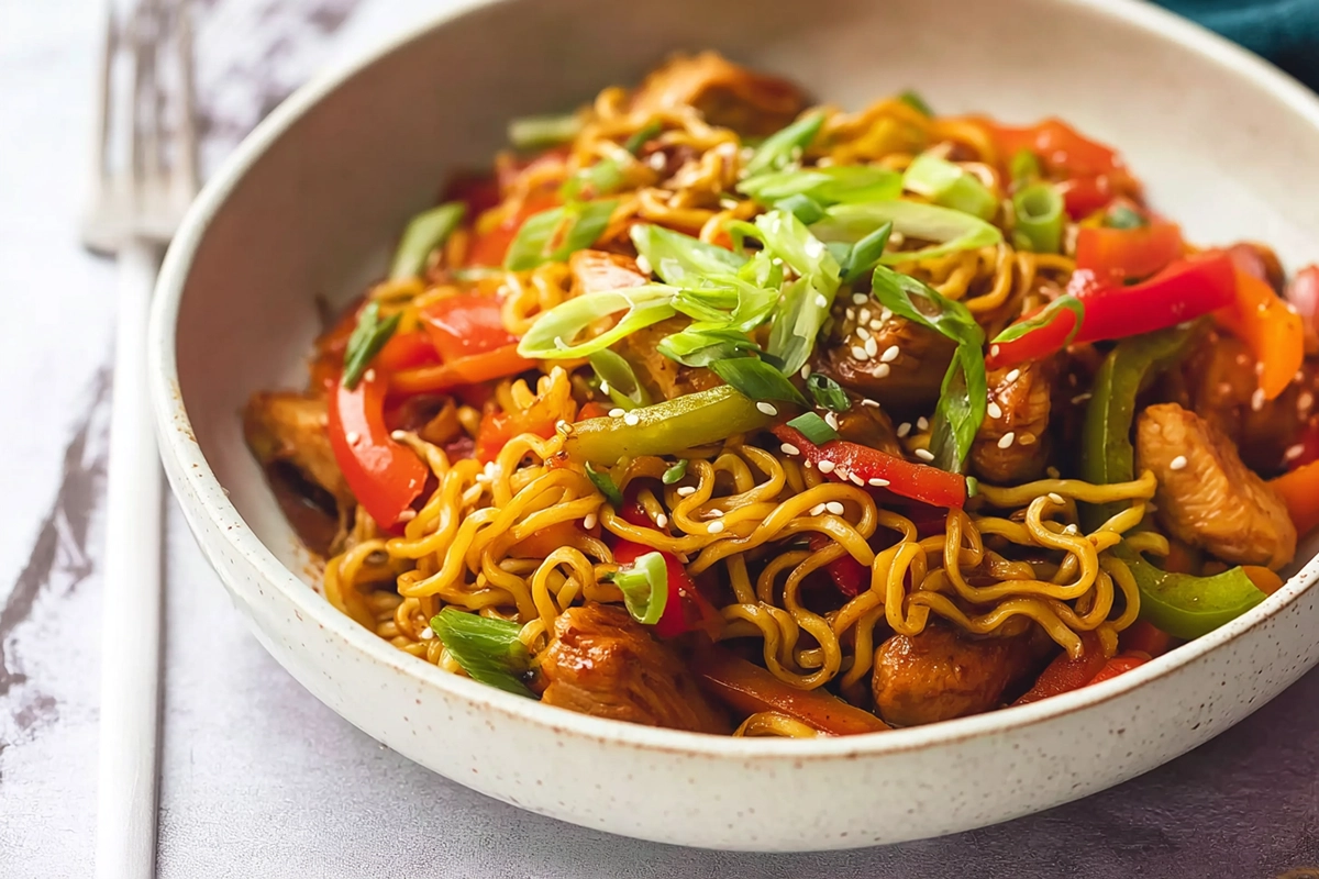 Chicken Ramen Stir Fry - bright natural lighting showcasing a plated stir fry with chicken, ramen noodles, and garnish