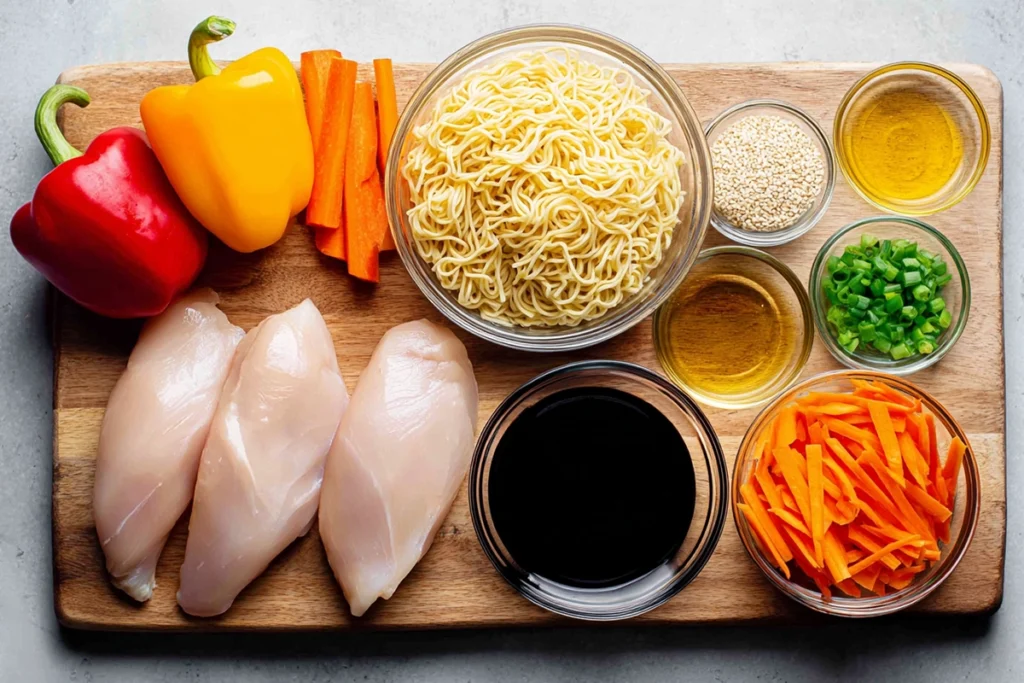 Fresh ingredients for Chicken Ramen Stir Fry including bell peppers, carrots, chicken, and ramen noodles