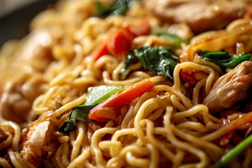Stir-frying vegetables for Chicken Ramen Stir Fry in a modern skillet