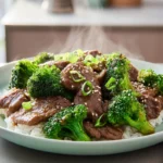 Photorealistic hero shot of Chinese Beef and Broccoli on a modern kitchen counter