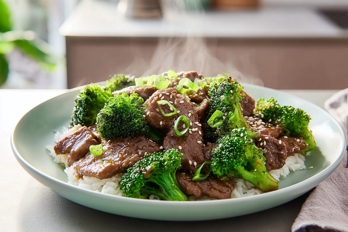 Photorealistic hero shot of Chinese Beef and Broccoli on a modern kitchen counter