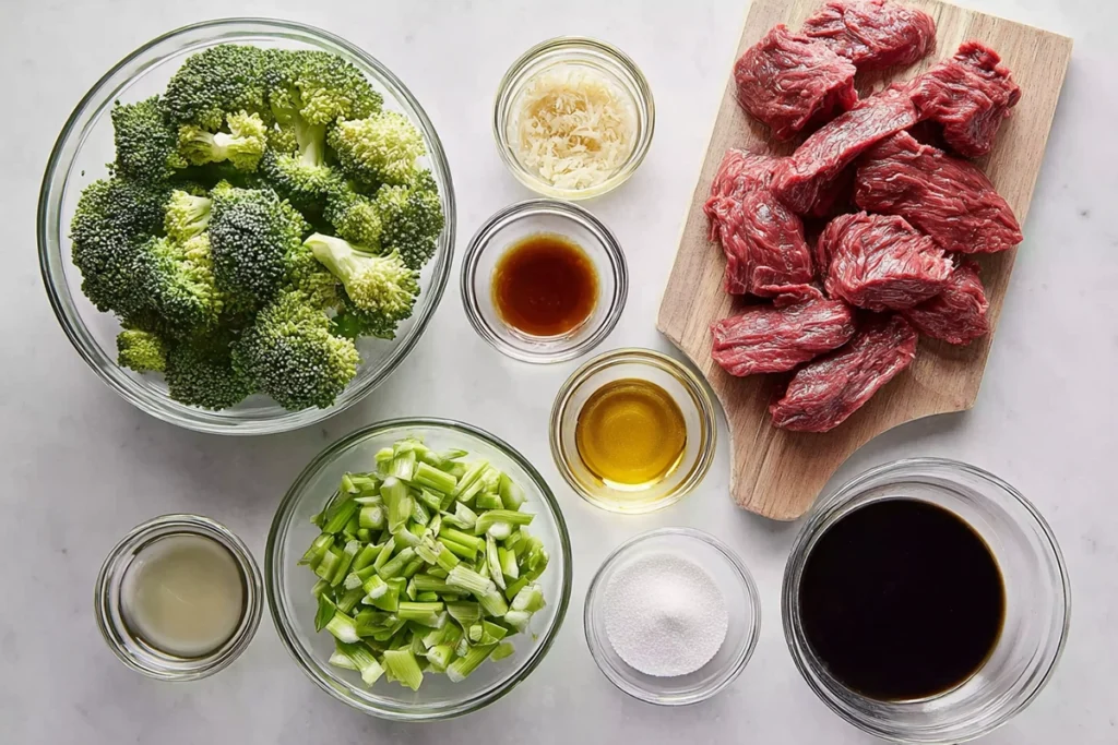 Overhead ingredients layout for Chinese Beef and Broccoli recipe