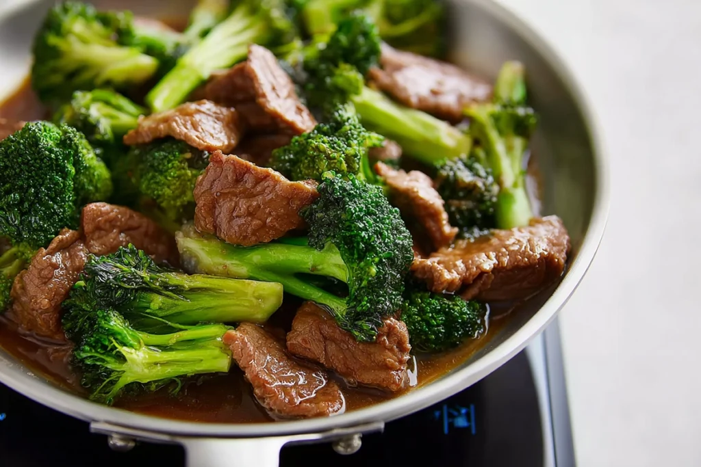 Macro close-up texture shot of Chinese Beef and Broccoli