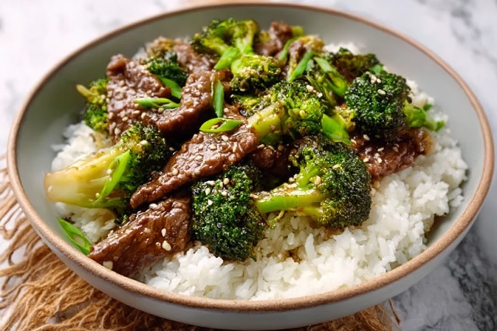 Chinese Beef and Broccoli served over jasmine rice in a modern bowl