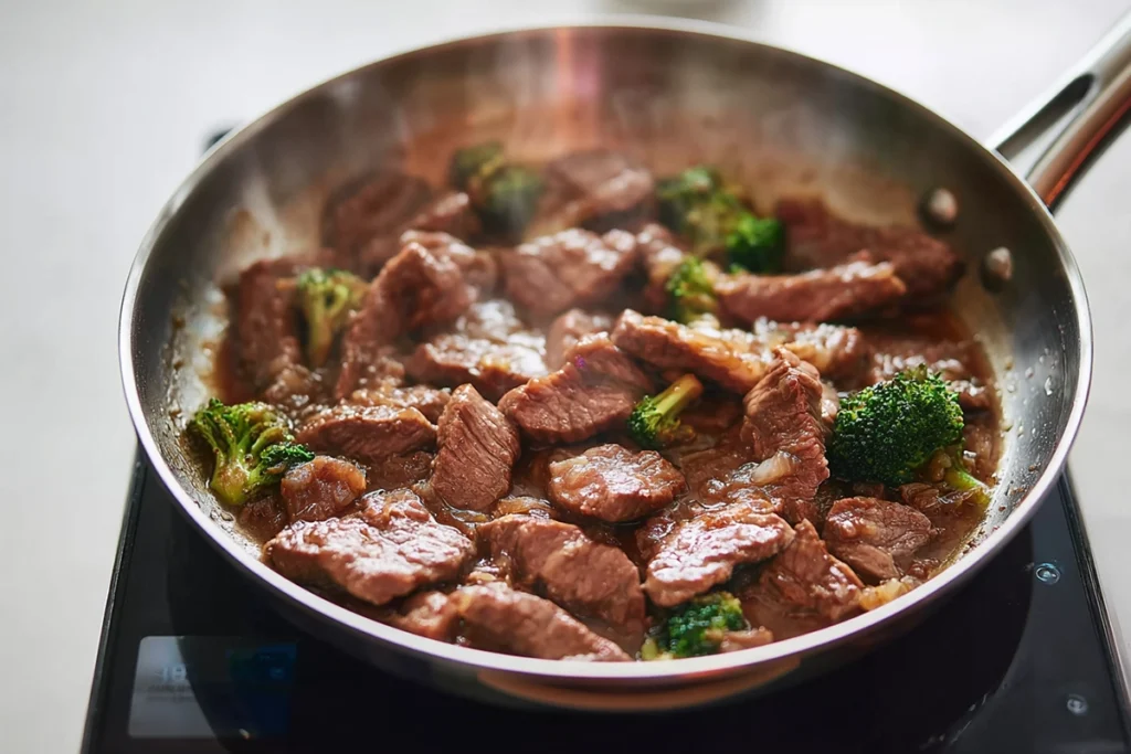 Stir-frying Chinese Beef and Broccoli in a stainless-steel pan