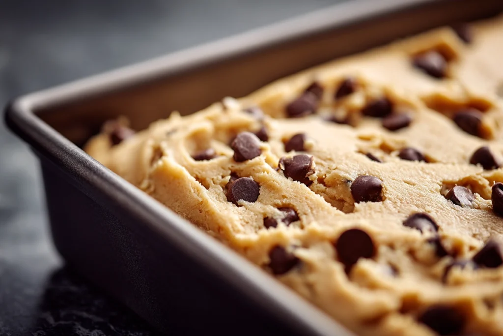 close-up of cookie dough layer pressed into pan for slutty brownies cookie dough