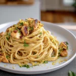 Cowboy Butter Chicken Linguine beautifully plated in a modern kitchen