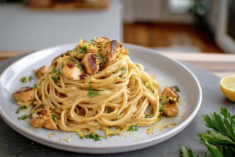 Cowboy Butter Chicken Linguine beautifully plated in a modern kitchen