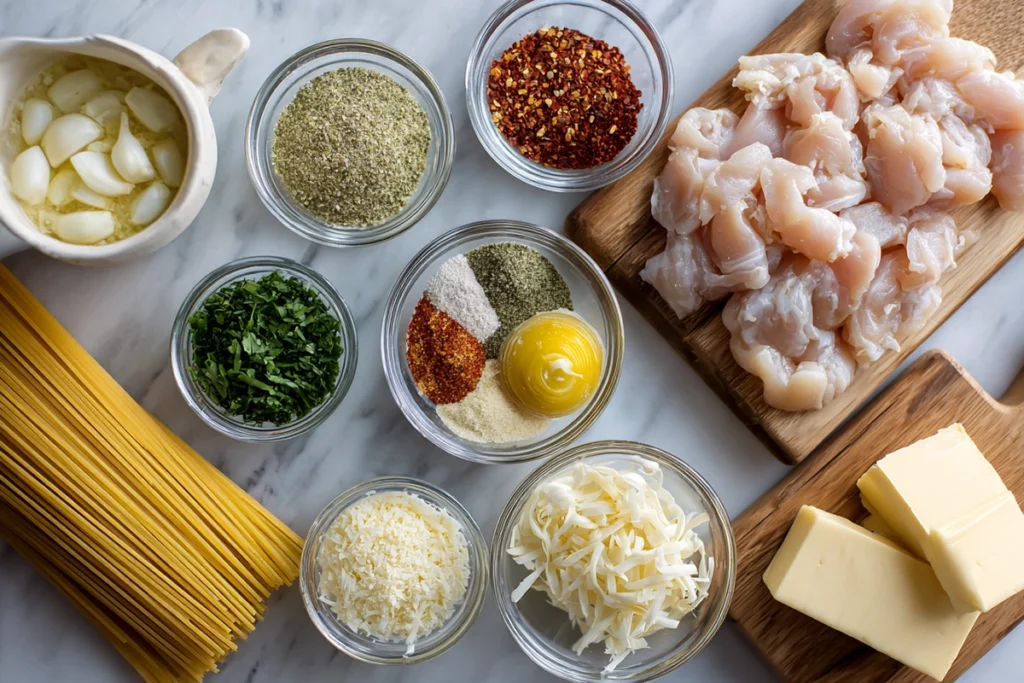 Overhead shot of Cowboy Butter Chicken Linguine ingredients arranged neatly