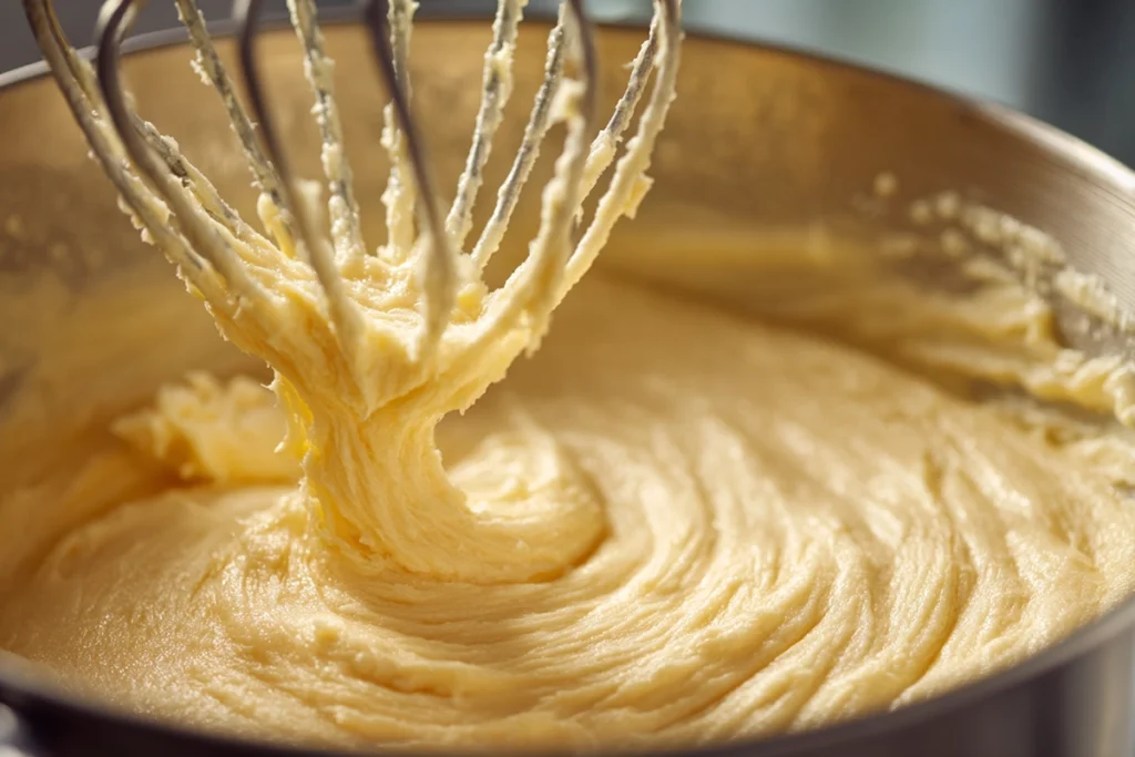 macro shot of butter and sugar being creamed for sugar cookies