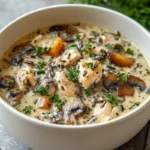 Finished bowl of creamy mushroom chicken wild rice soup in a modern kitchen