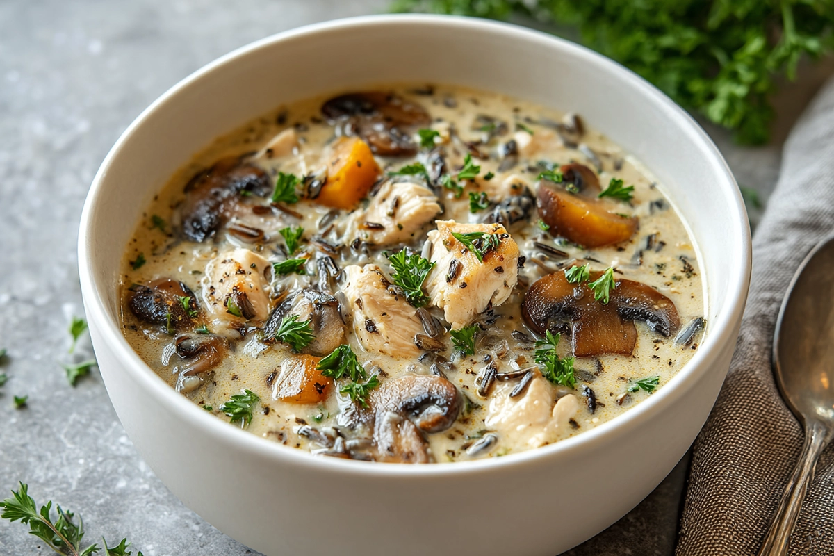 Finished bowl of creamy mushroom chicken wild rice soup in a modern kitchen