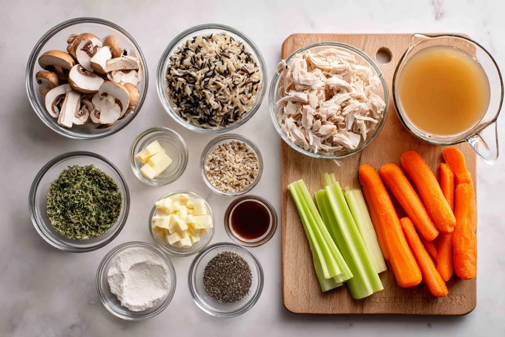 Overhead shot of ingredients for creamy mushroom chicken wild rice soup arranged in bowls