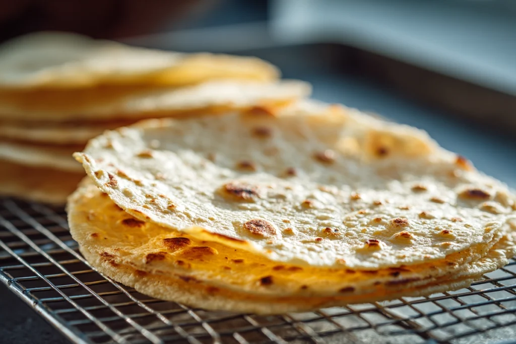 Close-up shot of crisped tortilla shells for Mexican Rotisserie Chicken Tostadas
