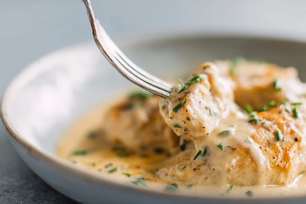 close-up of Crock Pot Angel Chicken showing creamy sauce texture