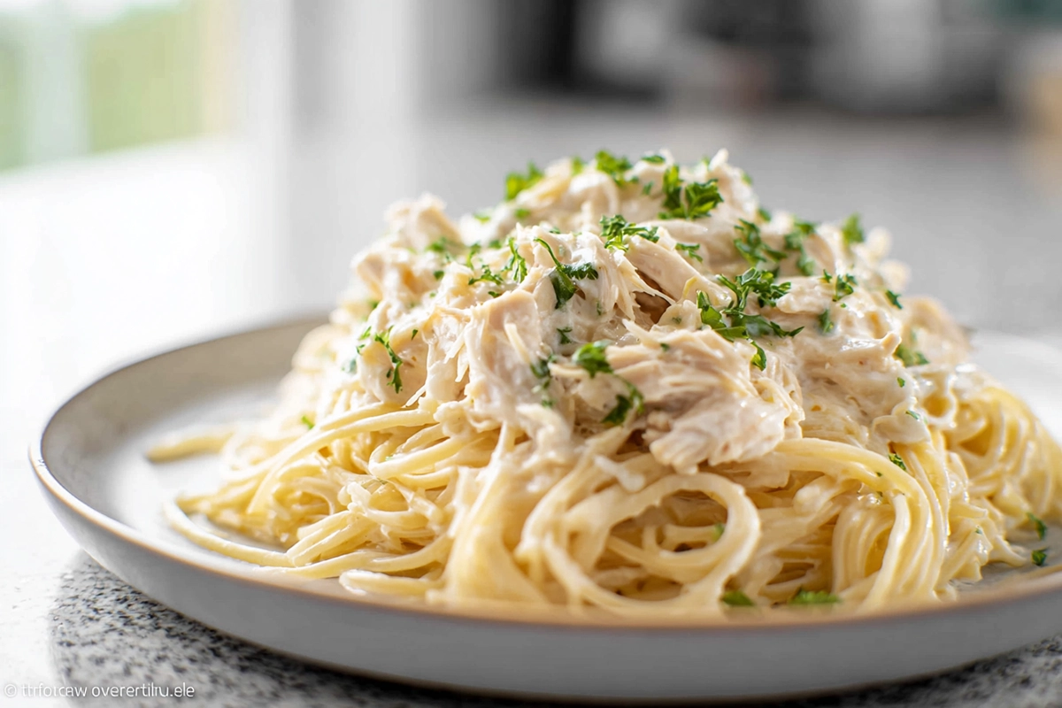 photorealistic hero shot of Crock Pot Angel Chicken served over pasta