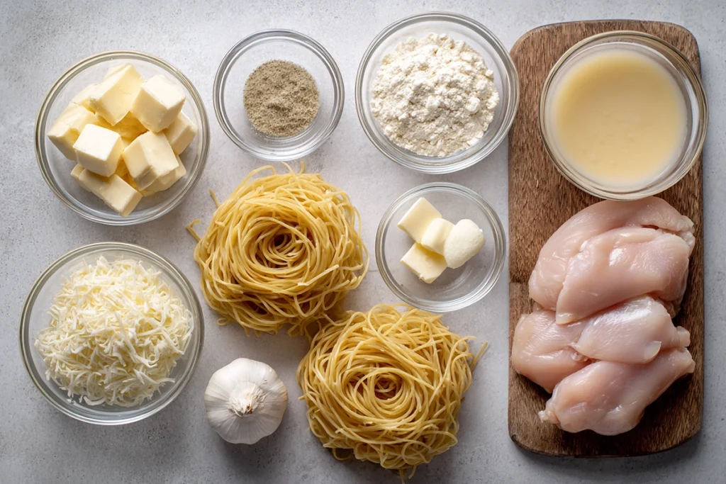 overhead layout of Crock Pot Angel Chicken ingredients in glass bowls