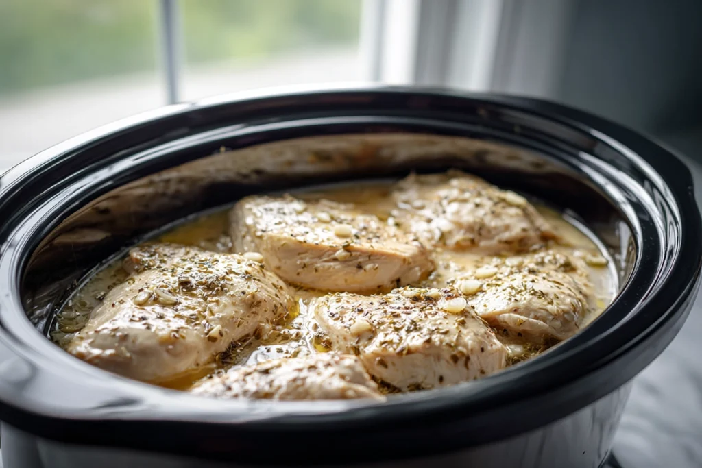 ingredients for Crock Pot Angel Chicken inside slow cooker before cooking