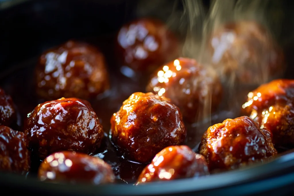 Crock Pot BBQ Meatballs with sauce in the slow cooker