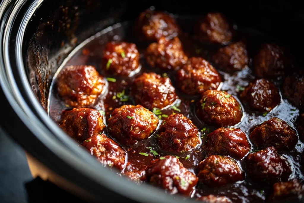 Slow-cooked Crock Pot BBQ Meatballs in rich BBQ sauce