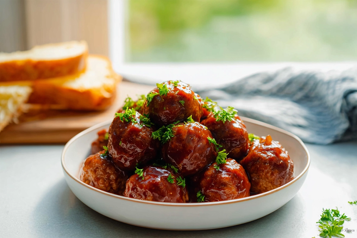 Crock Pot BBQ Meatballs plated with BBQ sauce and fresh garnish