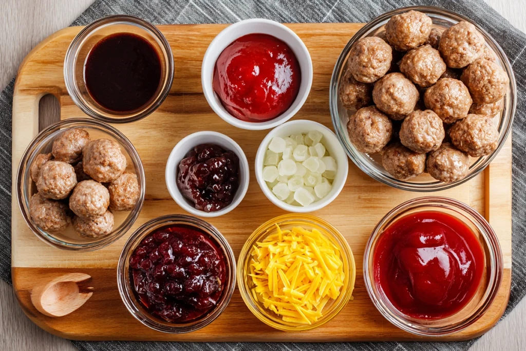 Ingredients for Crock Pot BBQ Meatballs neatly arranged including BBQ sauce, grape jelly, and meatballs
