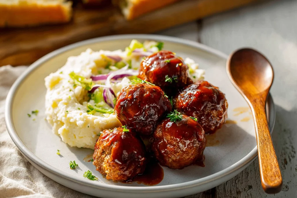 Plated Crock Pot BBQ Meatballs served with mashed potatoes