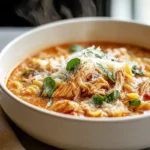 Crock Pot Creamy Chicken Parmesan Soup served in a bowl with basil garnish