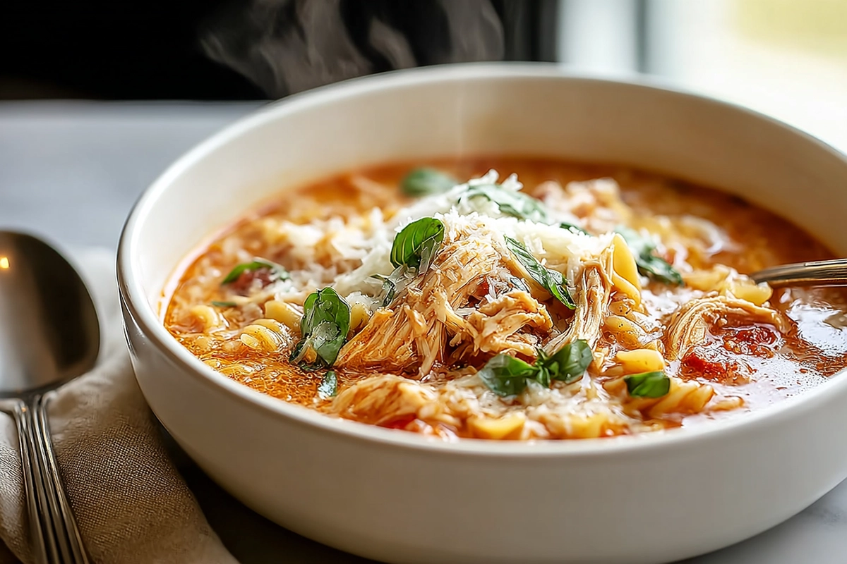 Crock Pot Creamy Chicken Parmesan Soup served in a bowl with basil garnish