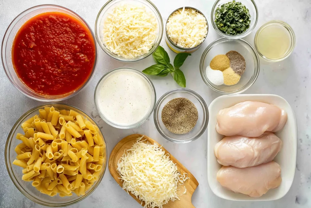 Overhead layout of ingredients for Crock Pot Creamy Chicken Parmesan Soup