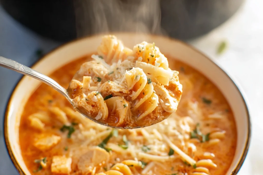 Ladle lifting Crock Pot Creamy Chicken Parmesan Soup with chicken and pasta