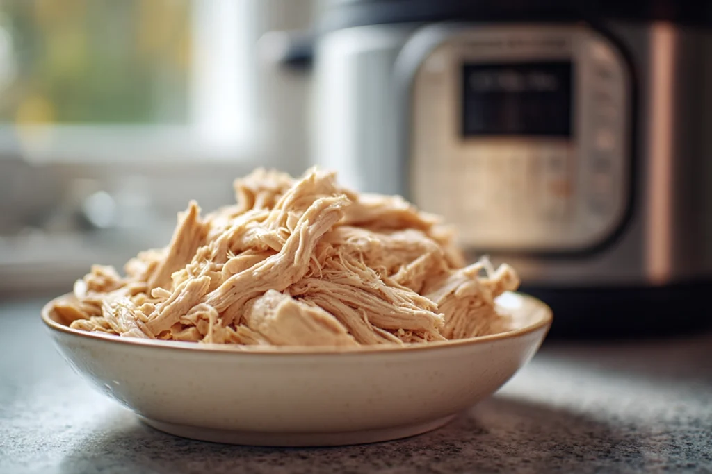 Tender chicken for Crock Pot Creamy Chicken Parmesan Soup after slow cooking