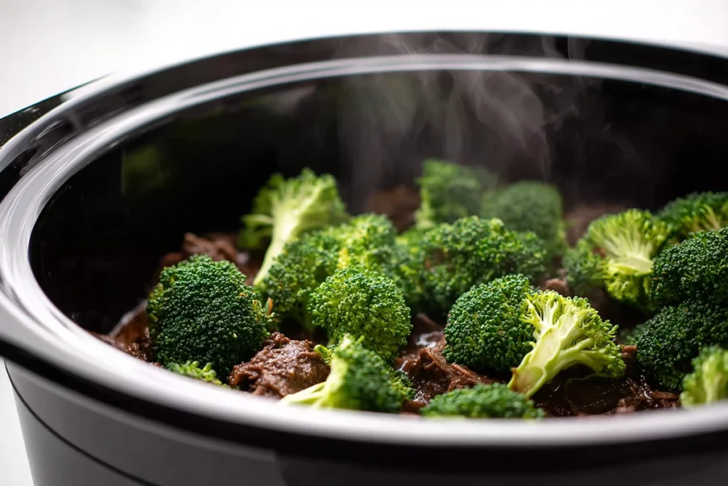 adding fresh broccoli to crockpot beef and broccoli near the end of cooking