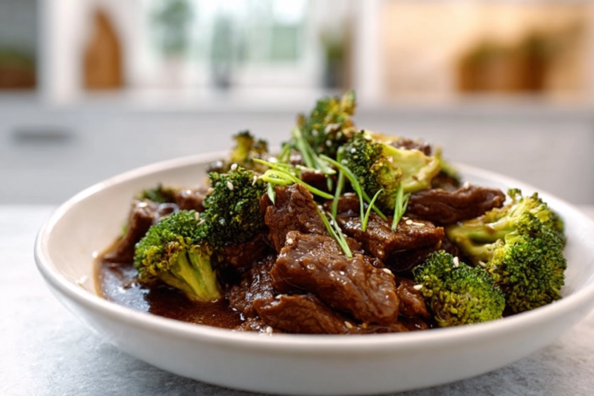 finished crockpot beef and broccoli plated in a modern kitchen