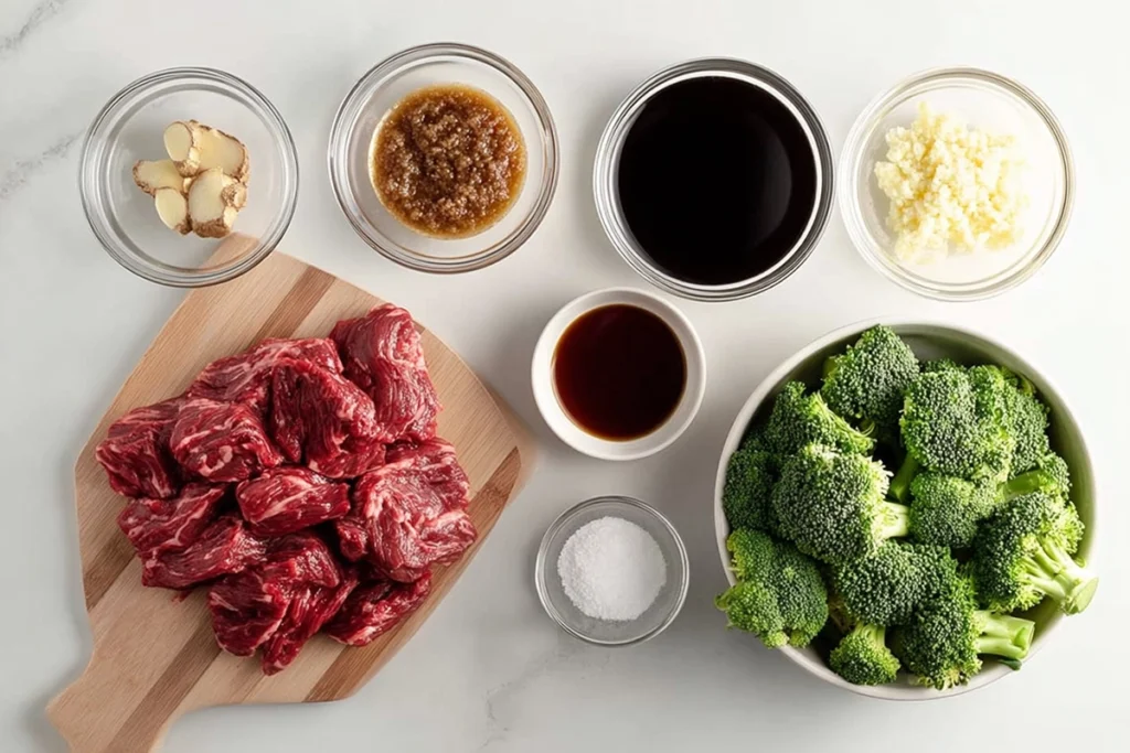 overhead shot of crockpot beef and broccoli ingredients in glass bowls