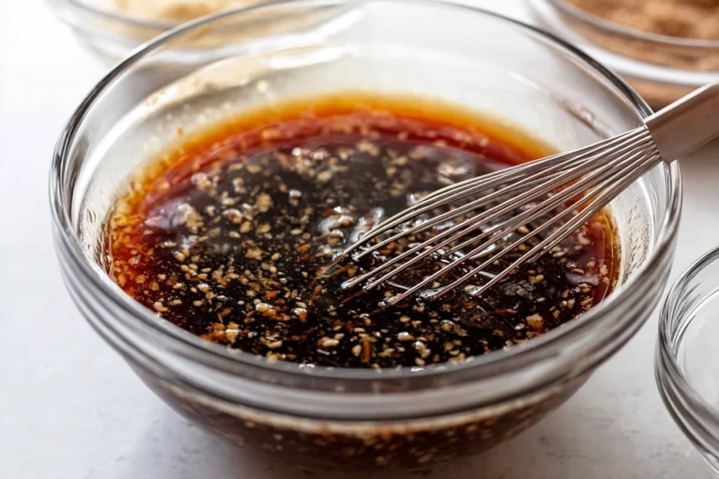 sauce mixture for crockpot beef and broccoli in a glass bowl